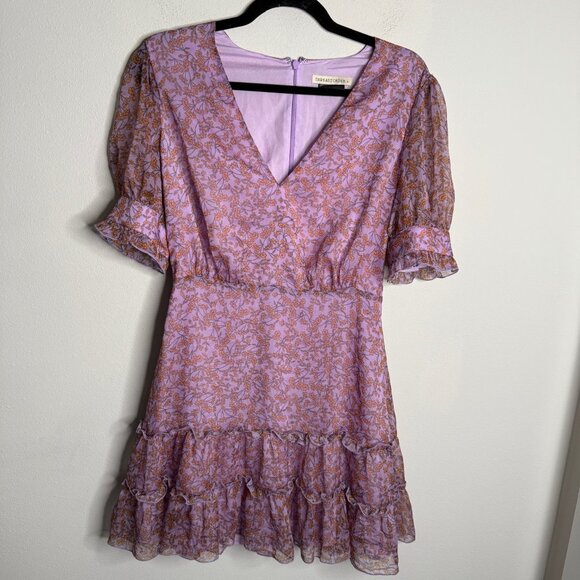 The East Order Women's Small Floral Mini Dress Purple Orange VNeck Ruffle Sleeve - Picture 1 of 3